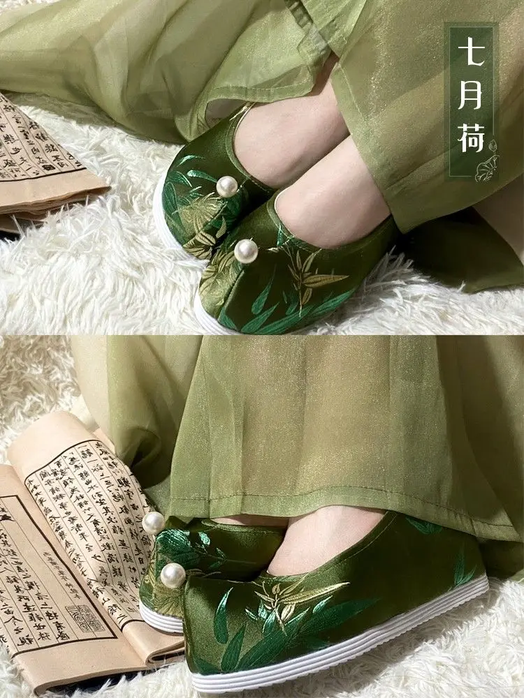 Китайские в Sthe Новые темно-зеленые ботинки Hanfu парча зеленые Костюмные тканевые