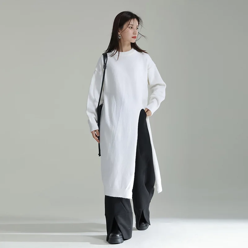 

Женское платье-свитер с разрезом сбоку, свободное Трикотажное Платье До Колена, зима 2022