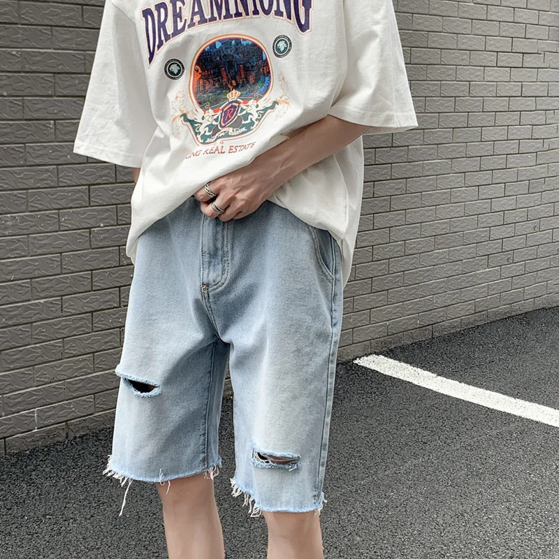

Ripped Hole Short Jeans Men Knee-length Casual Five-point Pants Solid Color Fashion Straight Burrs Streetwear Denim Shorts Male