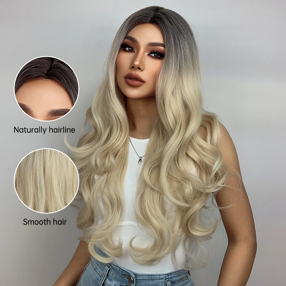 HENRY MARGU Long Wavy Ombre White Blonde Black Synthetic Wigs for Women Middle Part Cosplay Party Hair Wigs Heat Resistant