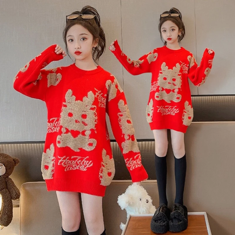

2023 Рождество Новый год 120-170 см семейная Одинаковая одежда наряды для девочек-подростков трикотажный красный свитер с драконом для мамы дочери