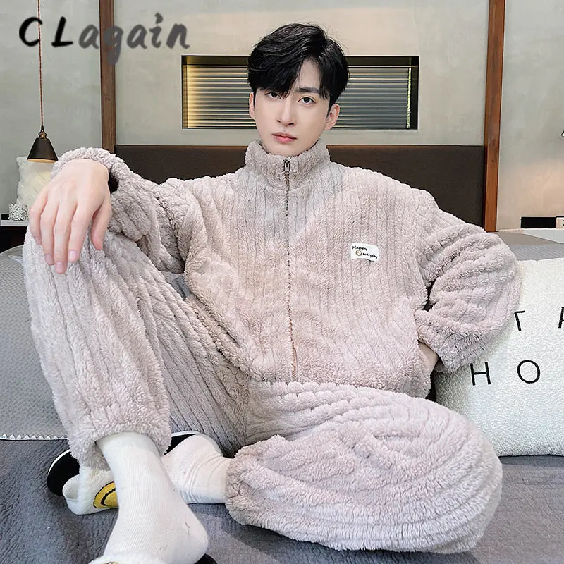 2022 Thick Flannel Men's Pajamas Set Autumn Winter Plus Velvet Thicken Long Sleeves Sleepwear Zip Nightgown Warm Lounge Wear Set