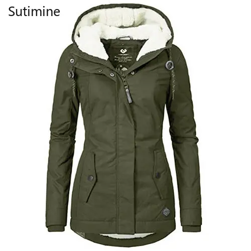 Winter Clothes Women Button Hooded Plush Thickened Cotton Padded Clothes Pockets Zippers Slim  Winter Coat Women