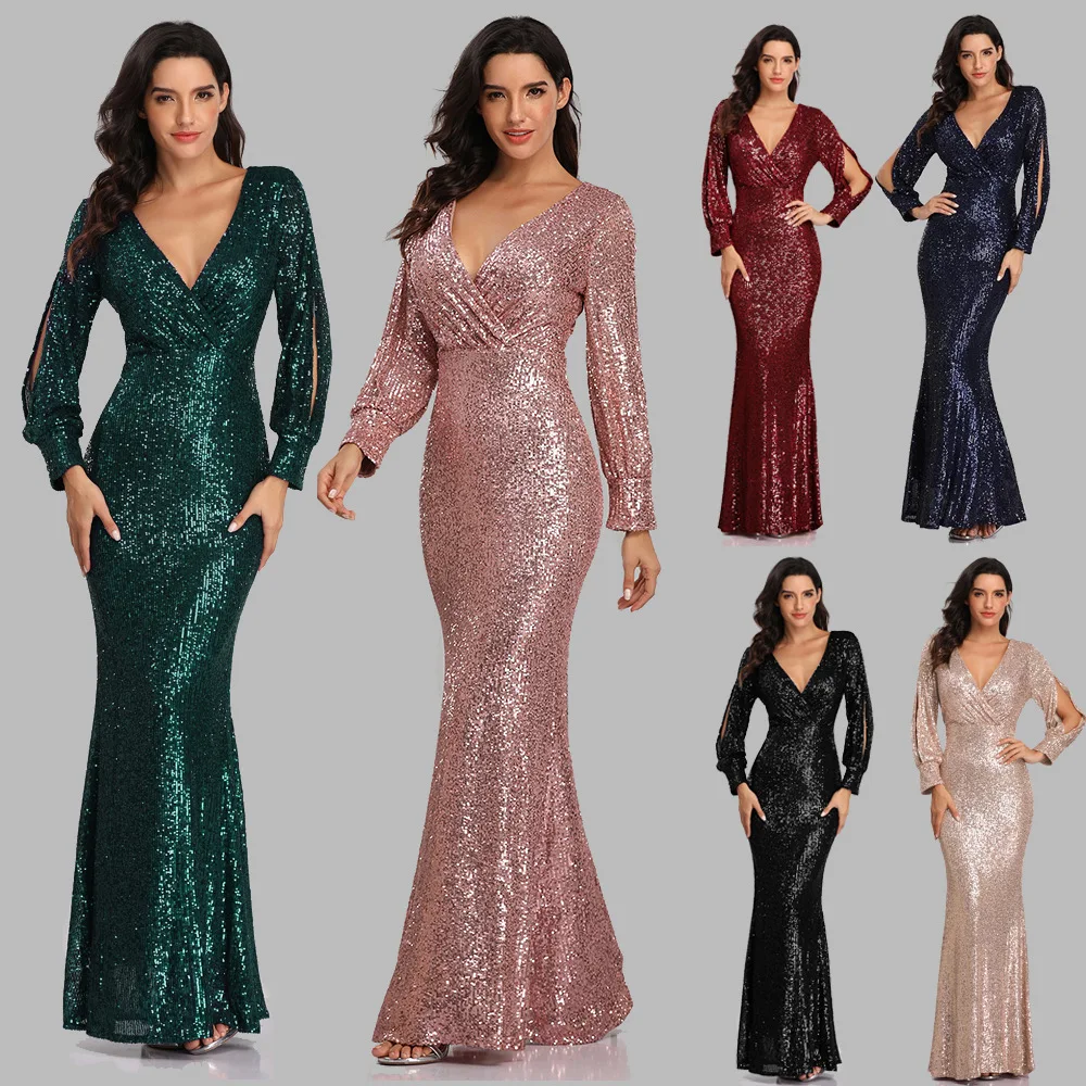fashion elegant Long sleeve women's dress Mermaid V-neck luxury evening dress Sequin Beaded Wedding Guest Party Cocktail Dresses