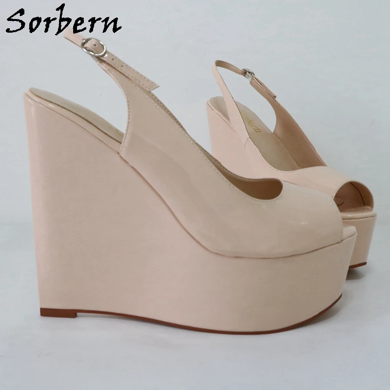 Sorbern Nude Patent Women Pump Shoes Slingback Open Toe High Heels Platform Narrow Wedge Heels Customized Shoes Unisex Size EU45