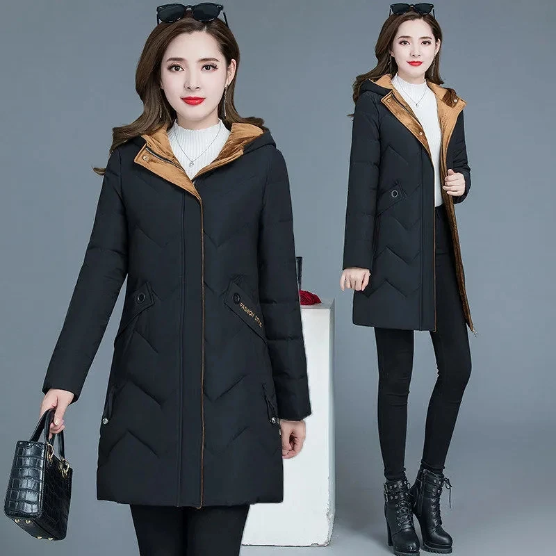 Winter Coat 2022 Korean New Fashion Ladies Slim Letter Cotton-padded Jacket Thicken Long Parkas Windproof Women's Hooded Outwear