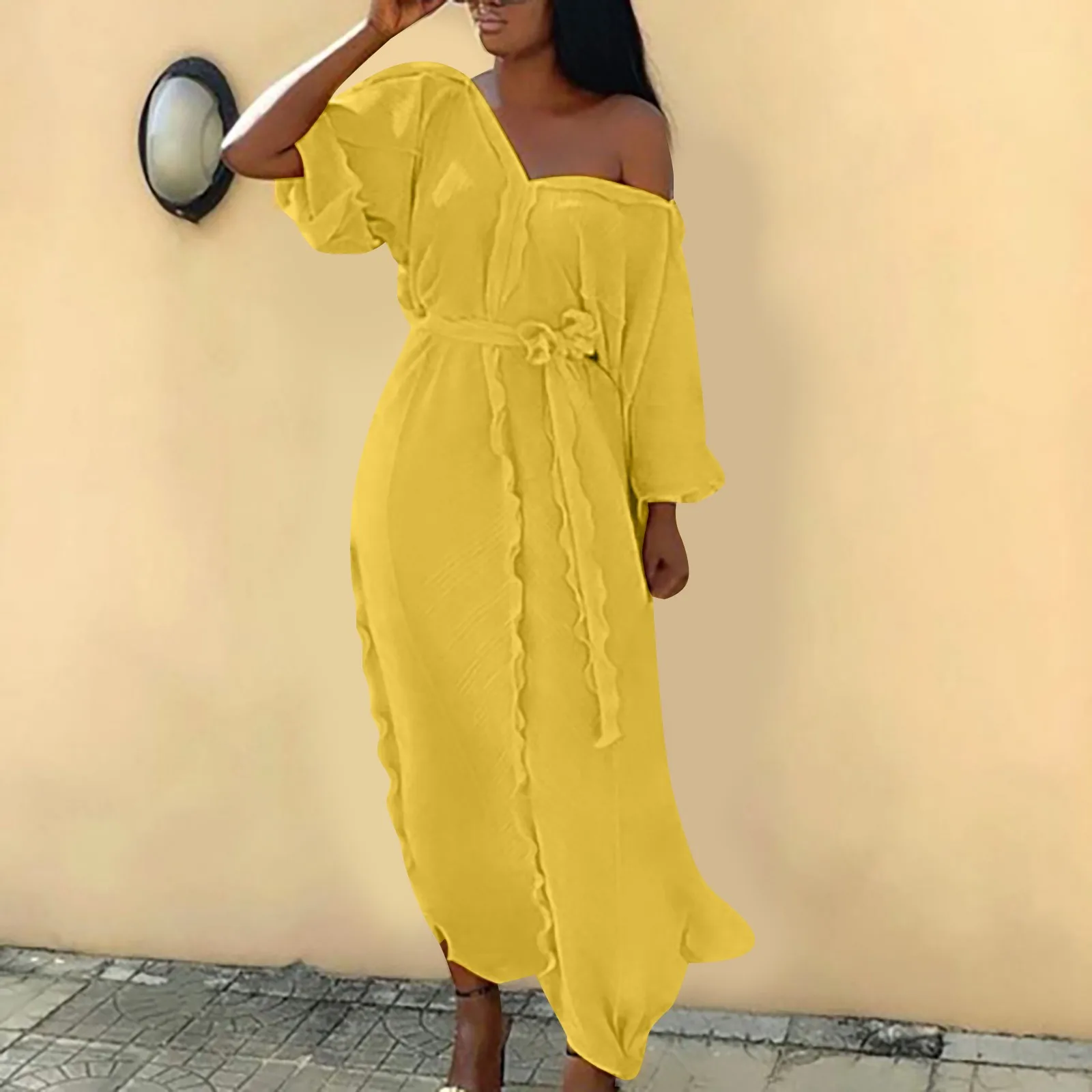 

Women Chiffon Long Dress Loose Pleated Ruffles With Wasit Belt V Neck Long African Robe Ladies Large Size Fashion Summer Dresses