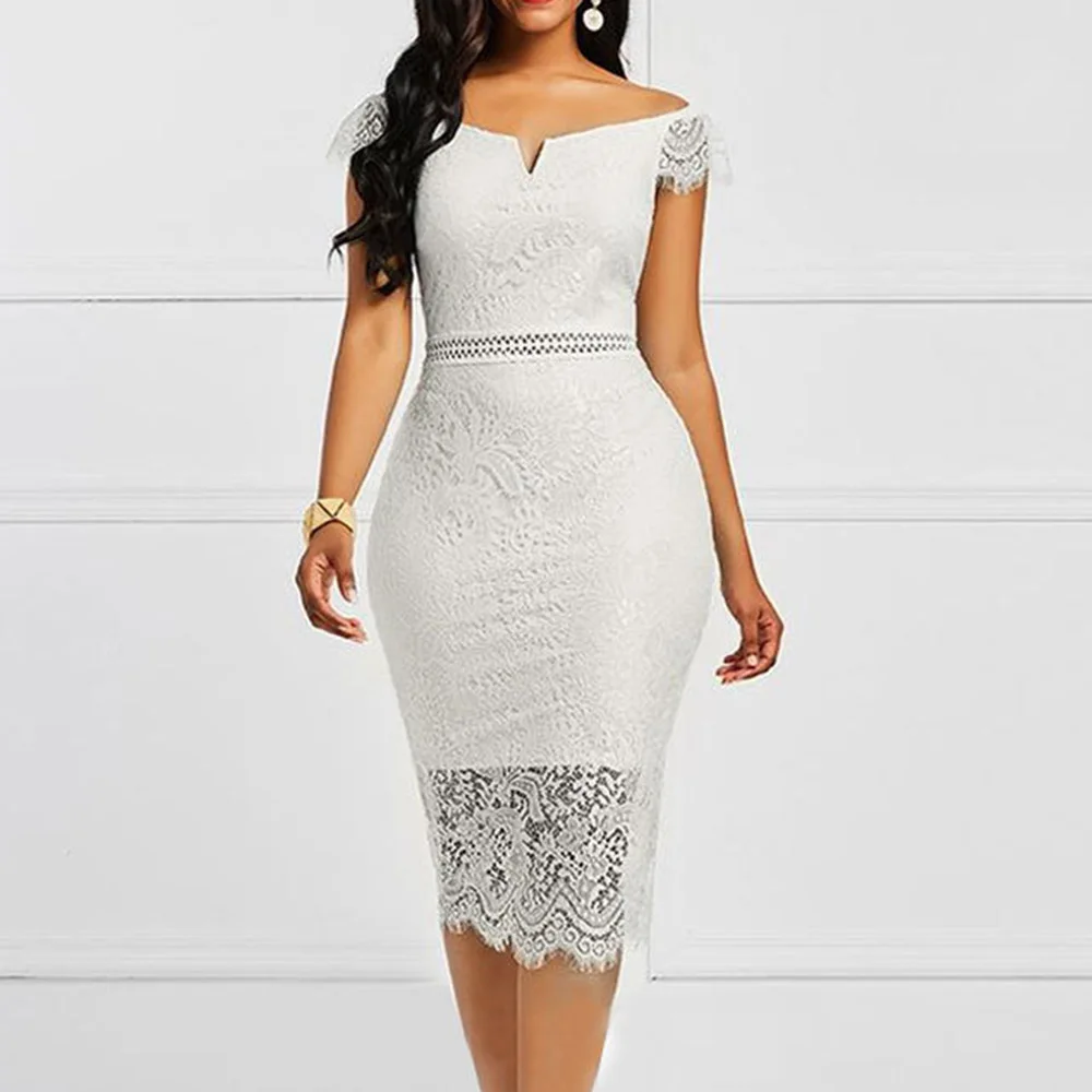 

Short Sleeve Hollow Mid-Calf Summer Women's Dress Solid Color Lace Patchwork Slim Female Skirt Fashion Sexy Ladies Clothing