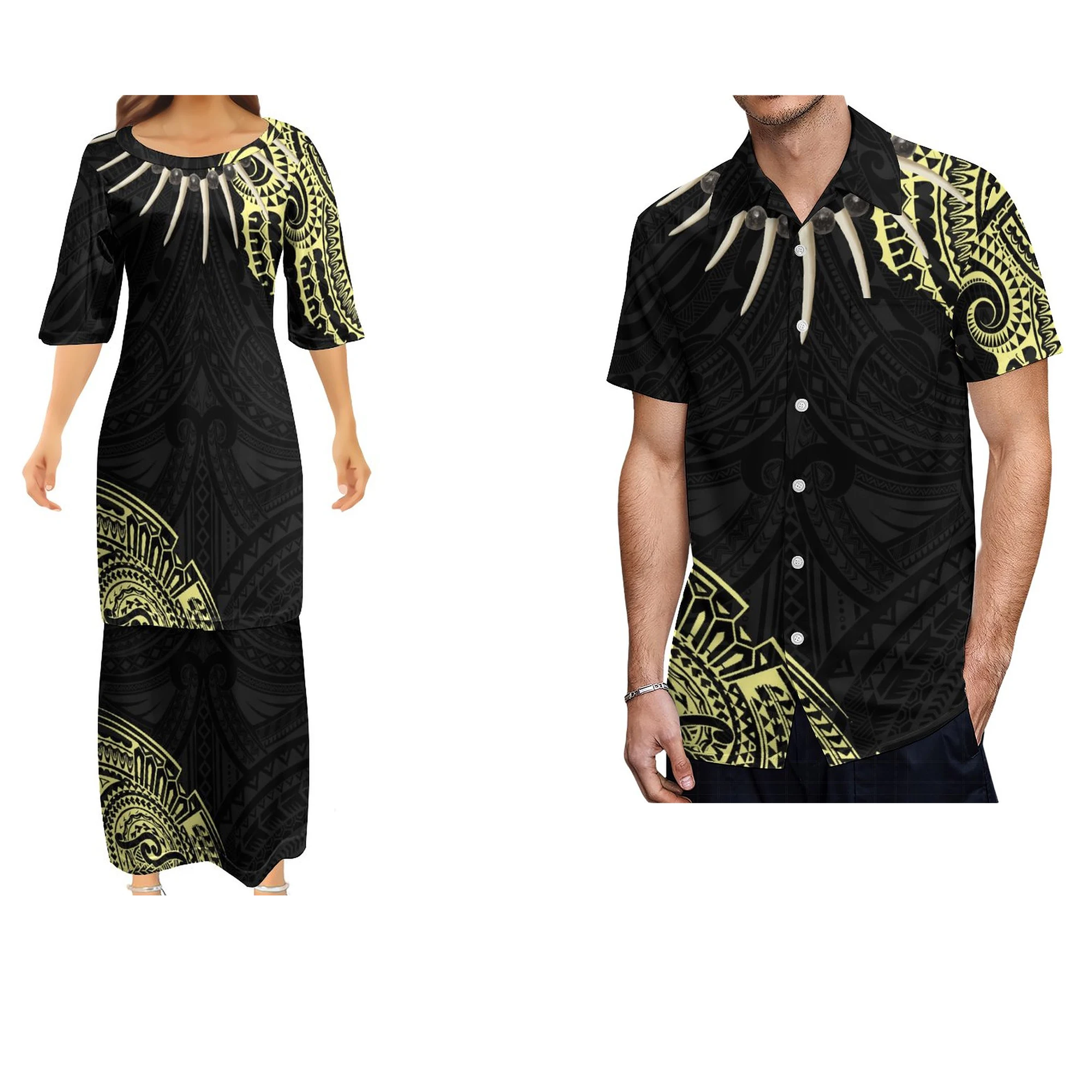 

Women's Dress Polynesian Custom Samoan Necklace Ula Nifo Design Pattern Art Dress Men's Shirt Couple Dress For a Party