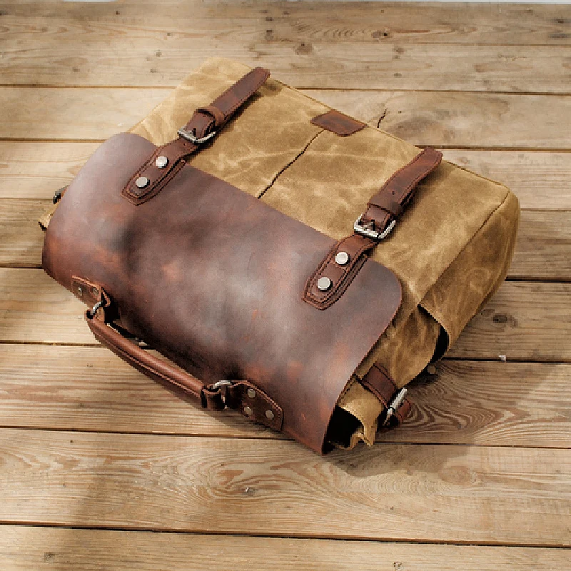 Retro multifunctional canvas genuine leather men's briefcase waterproof motorcycle side bag business travel work laptop handbag