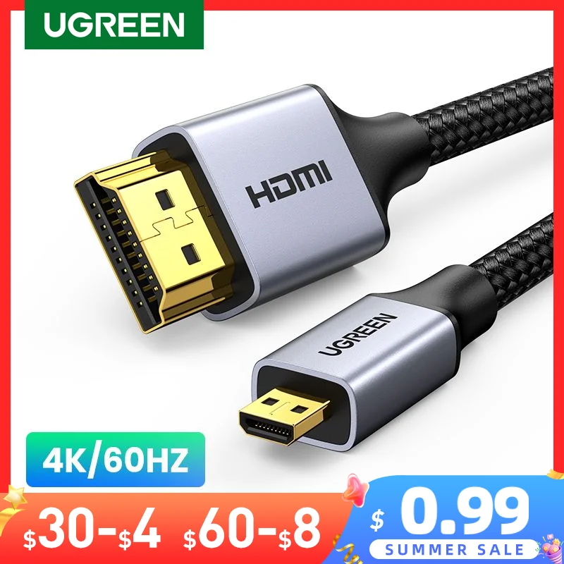UGREEN Micro HDMI кабель 4K/60H Micro HDMI к HDMI кабель папа к мужчине для GoPro Sony Проектор 1 м 1,5 м 2 м 3 м микро HDMI кабель