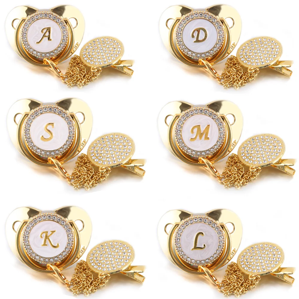 

26 Initial Letter Gold Transparent Baby Pacifier with Clip Newborn BPA Free Luxury Bling Dummy Soother Chupetes 0-12 Months