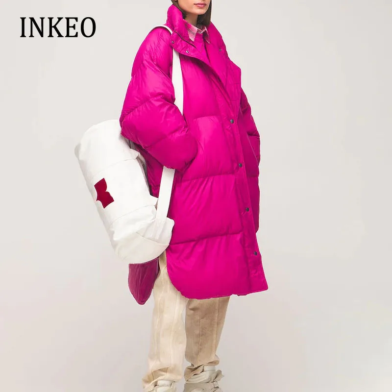 2022 Winter Long White duck down jacket High street Solid Thick warm Female Loose Coat White belt Ladies Outerwear INKEO 1O349