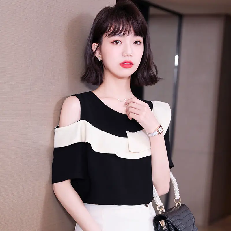 

Blouse patchwork female 2022 Summer new irregular stitching chiffon shirt short -sleeved o neck casual blouse female tops