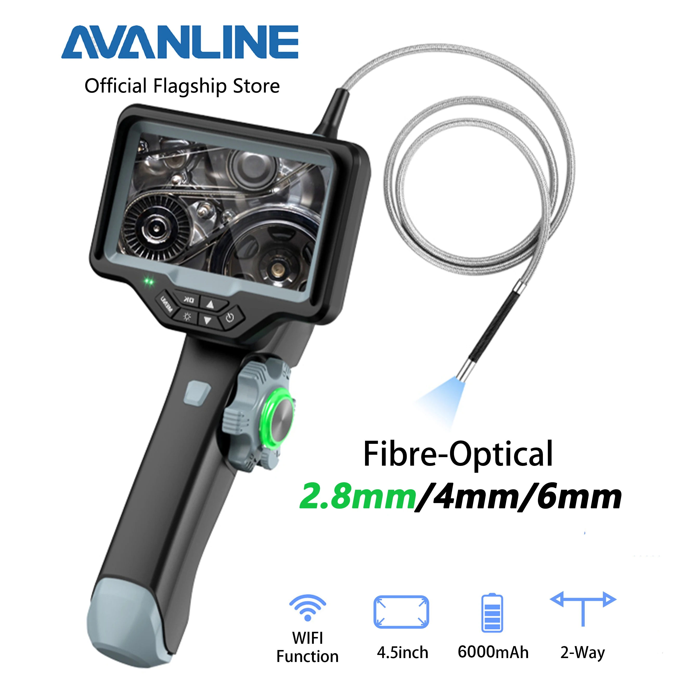 AVANLINE 2.8mm Fibre-optical Articulating Borescope 4.5inch 2way Industrial Endoscope WIFI function Thermostability 1M main product image
