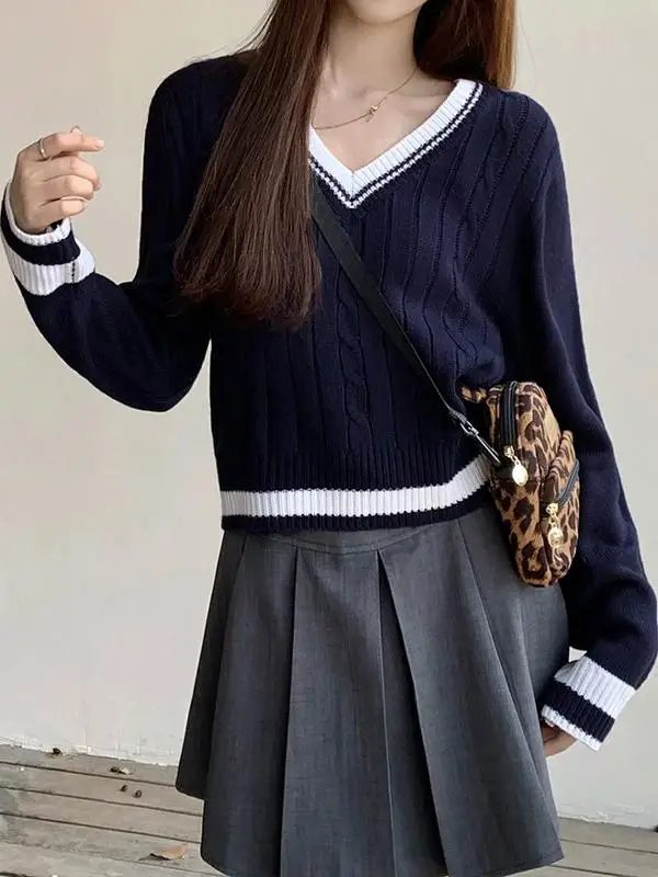 2024 Ранняя осень новинка темно-синий короткий вязаный женский свободный