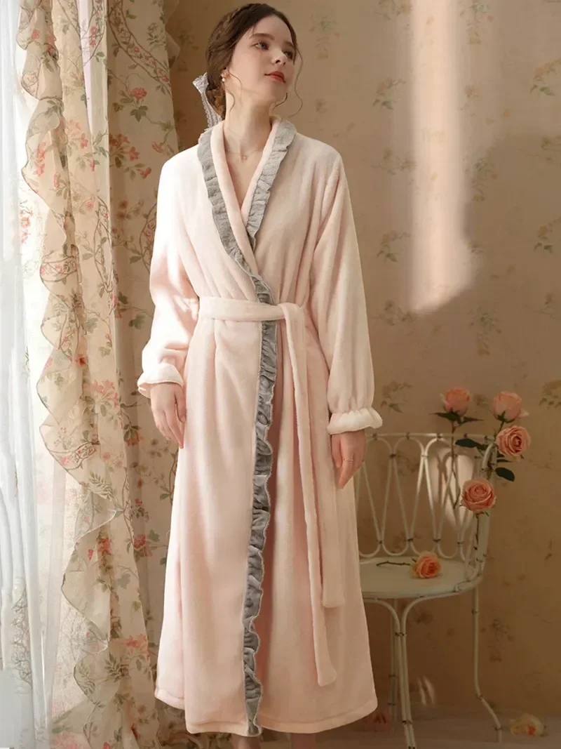 

Winter Women Velvet Coral Sleeve Autumn Robe Nightwear Flannel French Long Pajamas Dress Vintage Princess Sleepwear Loose Sweet