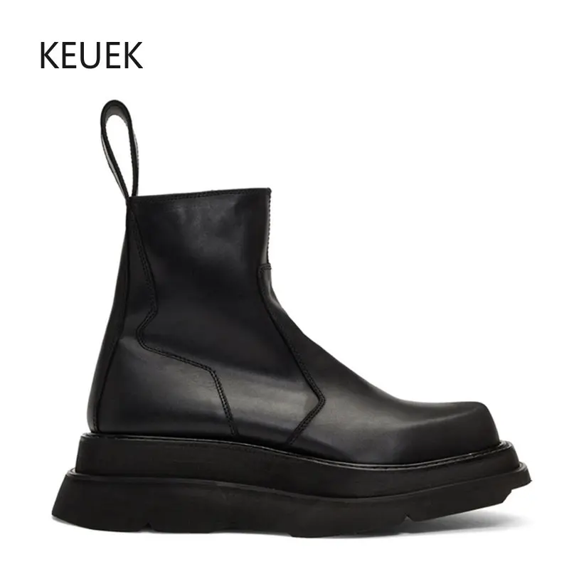 

Luxury Men Shoes Ankle Boots Genuine Leather Side Zipper Women Motorcycle Boots Thick Sole Height Increase Chelsea Boots 2C