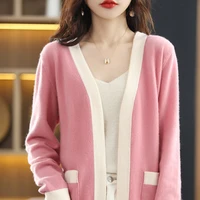 spring and autumn new pure wool knitted cardigan womens color matching v neck korean version loose fashion top for outer wear
