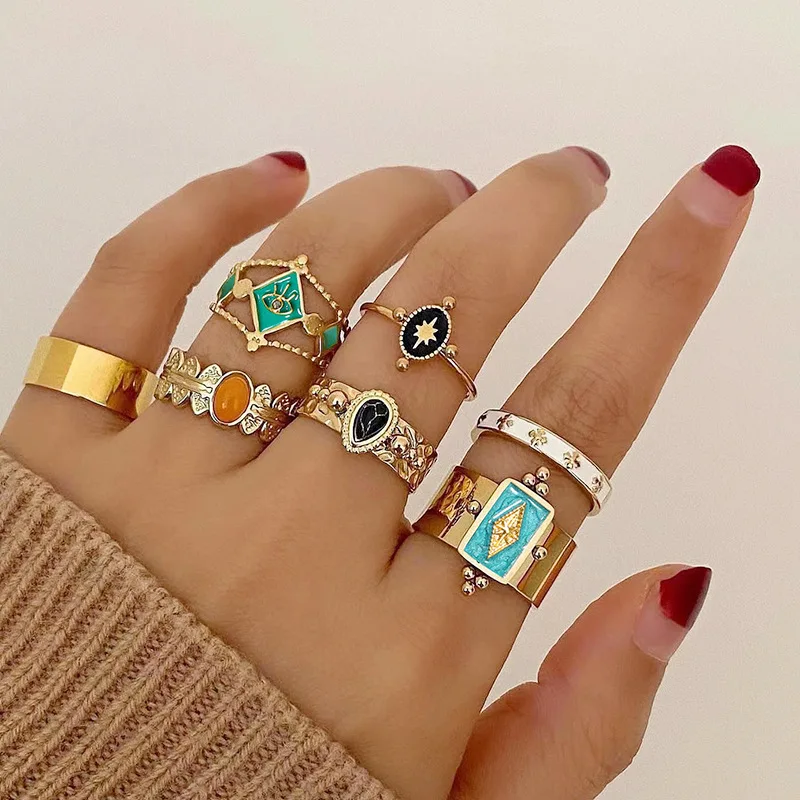 

European and American Retro Ins Style Demon Eye Ring Jewelry Geometric Exaggeration and Personalized Women's Ring 7-piece Set