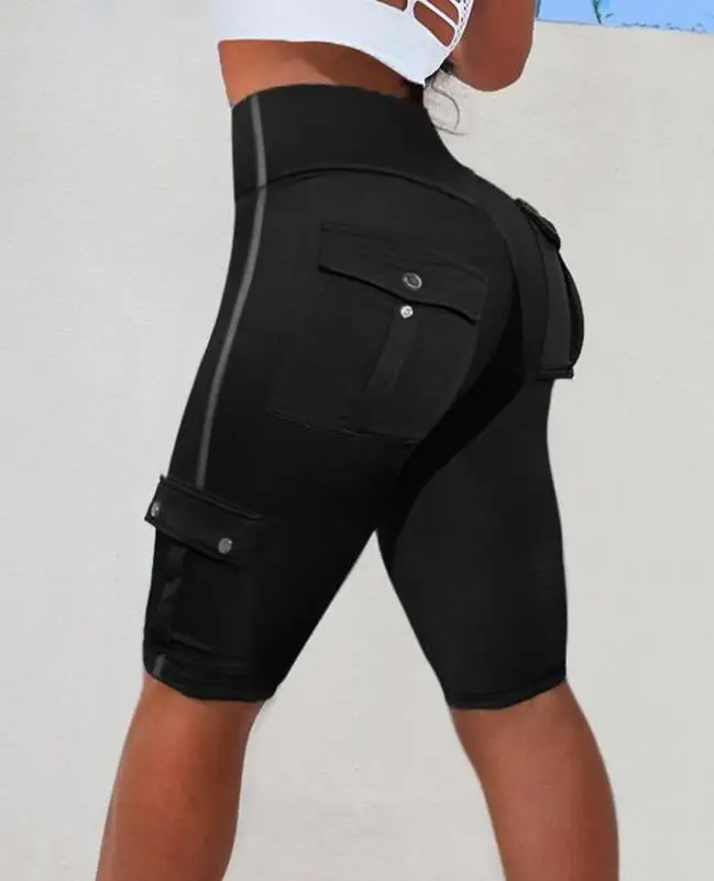 

Women's Pants 2023 Summer New Fashion Casual High Waist Elastic Contrast Paneled Pocket Design Active Shorts Sporty Style