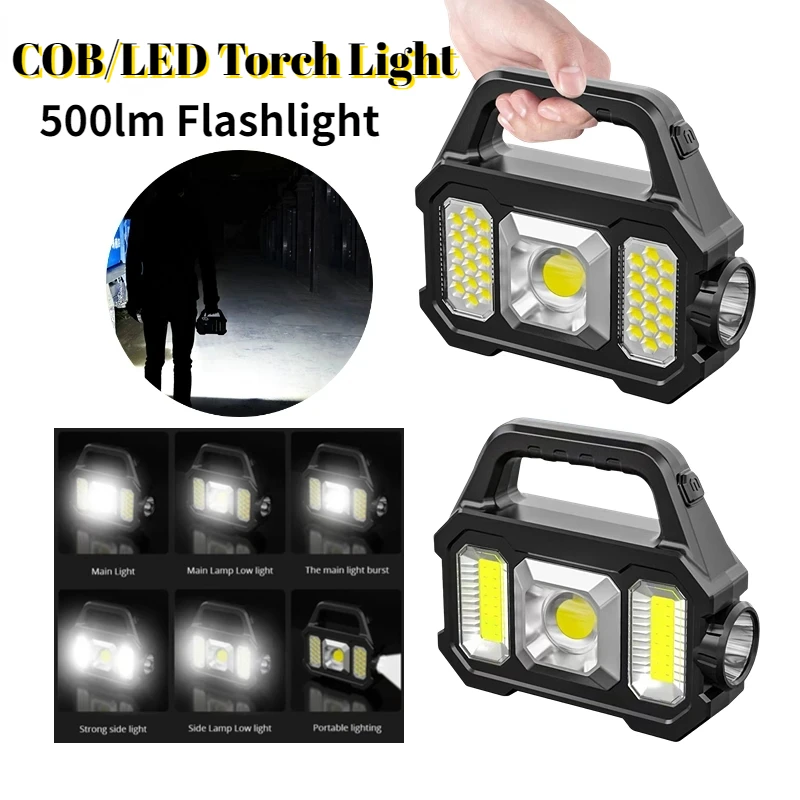 

500LM USB Rechargeable Flashlight Waterproof 6 Gear COB/LED Torch Light Portable Powerful Lantern Solar Light for Camping Hiking