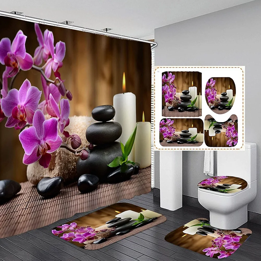 

Spa Zen Shower Curtain Set Massage Stone White Candle Anti-slip Toilet Cover Rugs Purple Orchid Candle Waterproof Bath Curtains