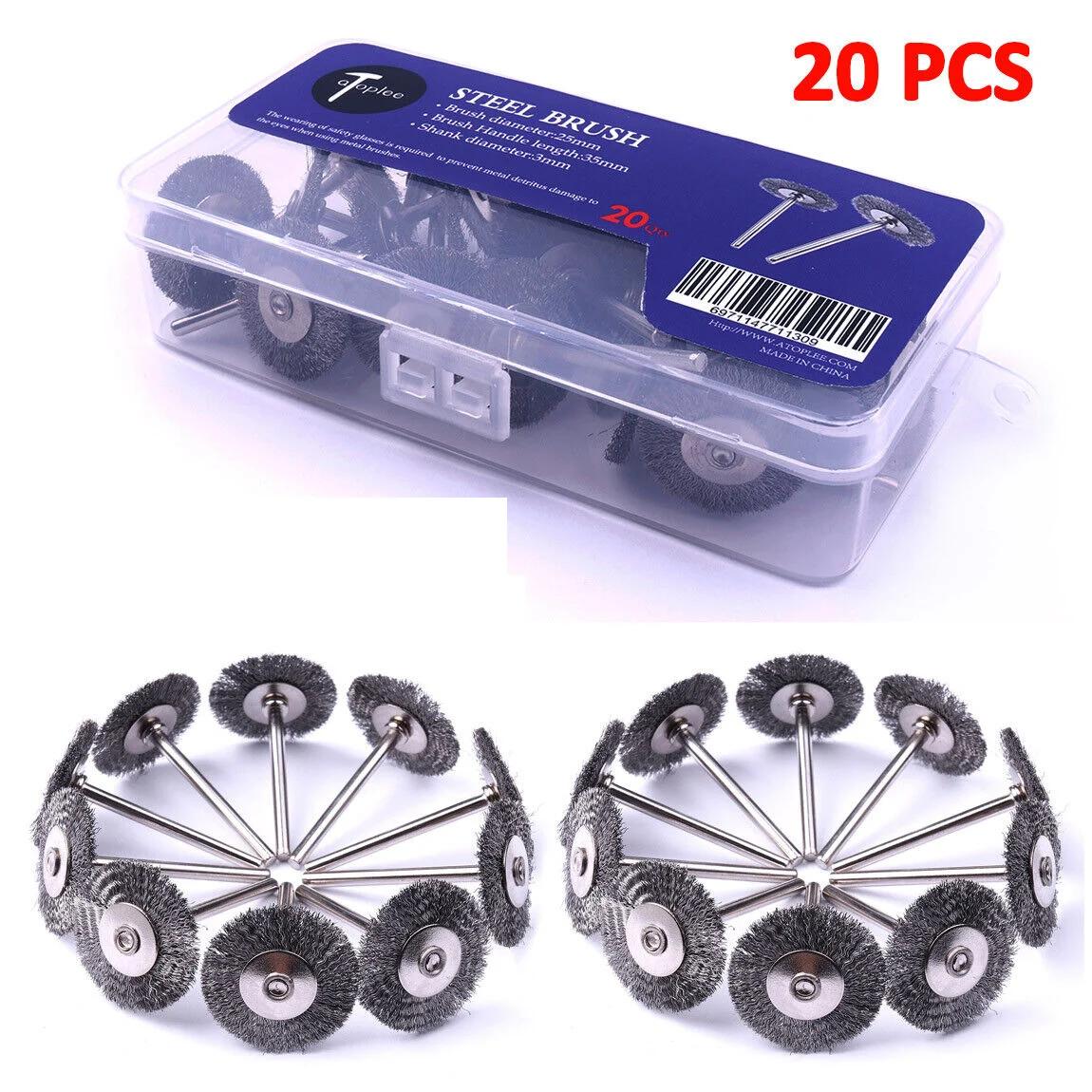 

20 шт., стальная проволочная щетка Dremel, 25 мм, вращающиеся колесные щетки, аксессуары для проволочной щетки Dremel для шлифовального станка, инструмент для полировки