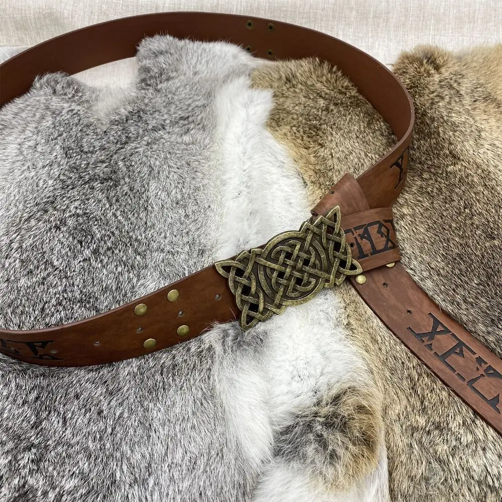 Интересный рельефный ремень с пряжкой викингов в стиле Ренессанс и принтом