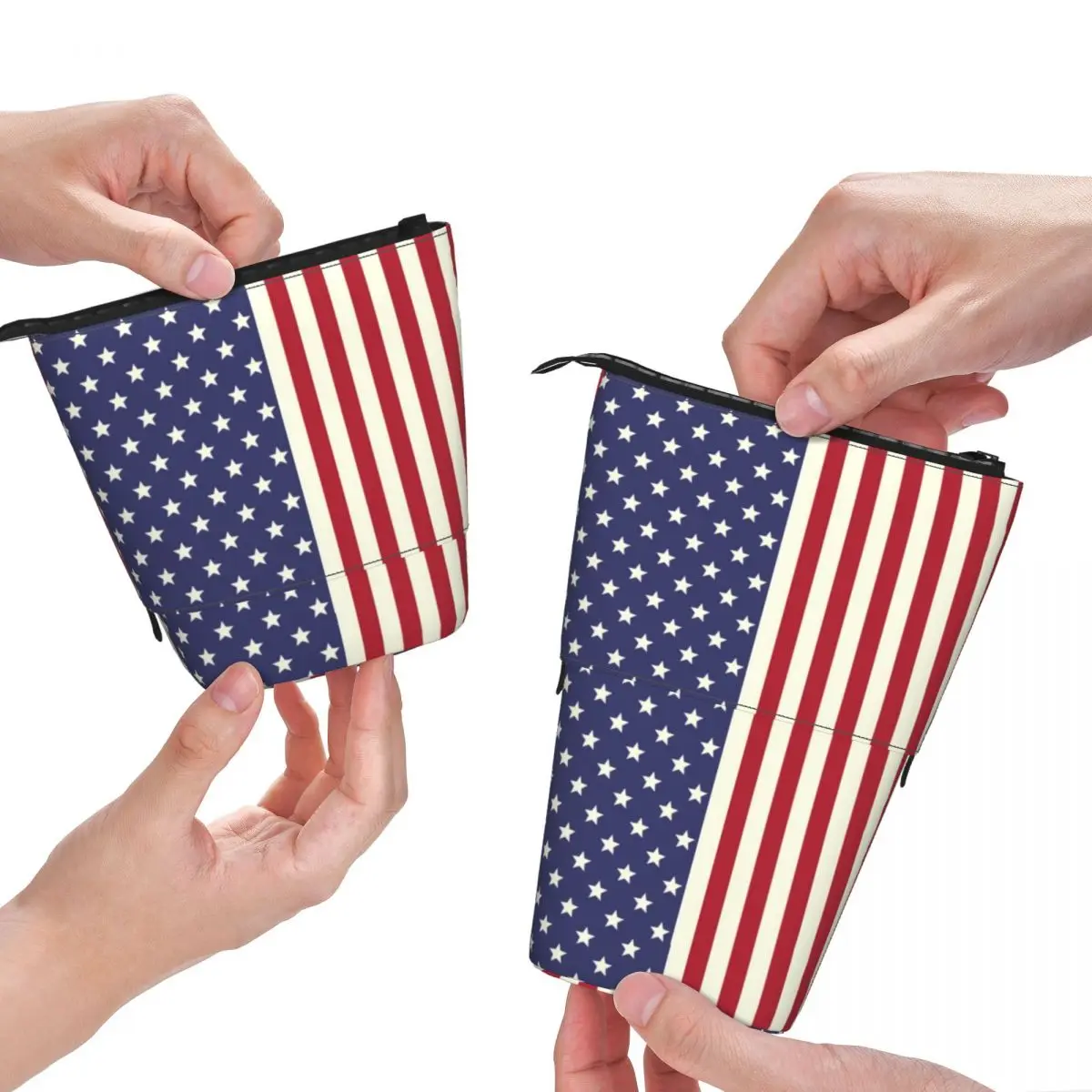

American Flag Patriotic Fold Pencil Case Two Tone Stars Print Retro Standing Pencil Box Stationery For Teens Pen Bags