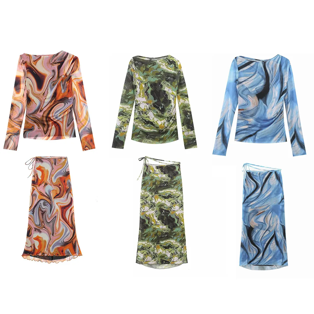 

2023 Summer Women's Dress Skirt Sets Two-Piece Set Mesh Marble Tie-Dye Printed Long-Sleeved Top And High-Waisted Lace-Up Skirts