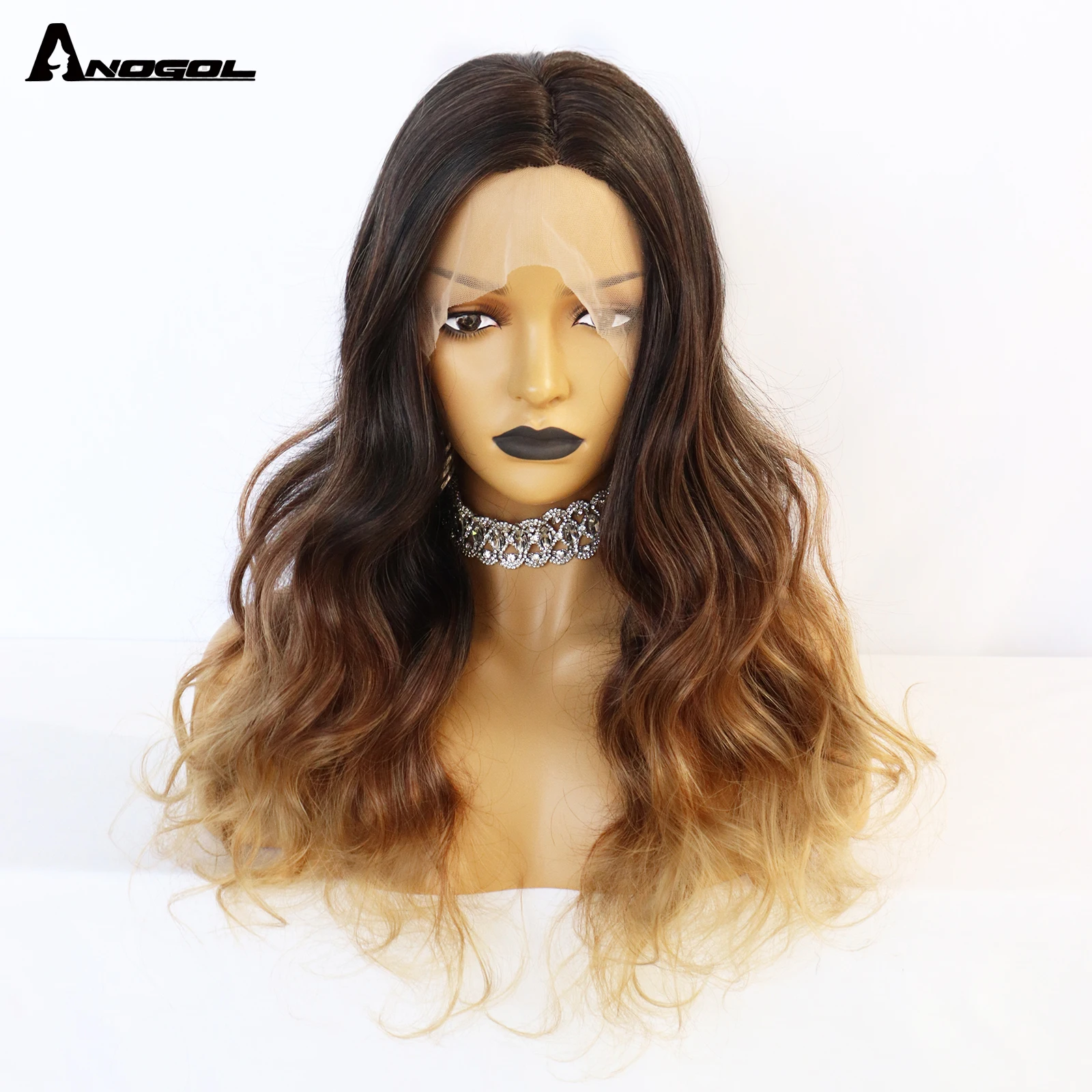 ANOGOL Synthetic 24'' Gradient Brown Wavy Lace Wig Ombre Brown Meddle Part Lace Black Natural Body Wave Wig for Women Brazilians