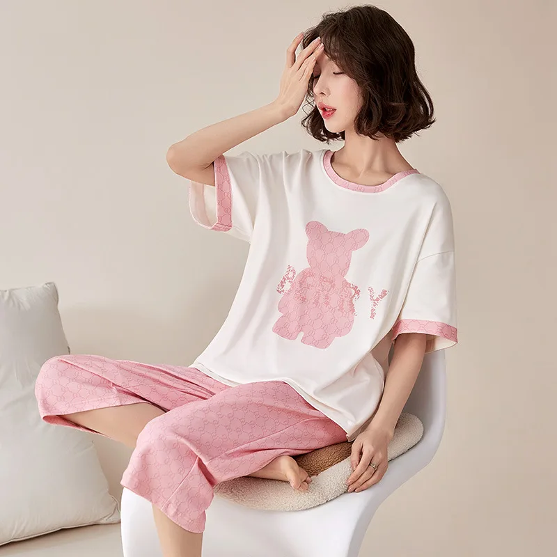 Pajamas Women's Cotton Summer Short-sleeved Cropped Pants Comfortable and Cute Casual Home Suit with Round Neck Soft Loungewear