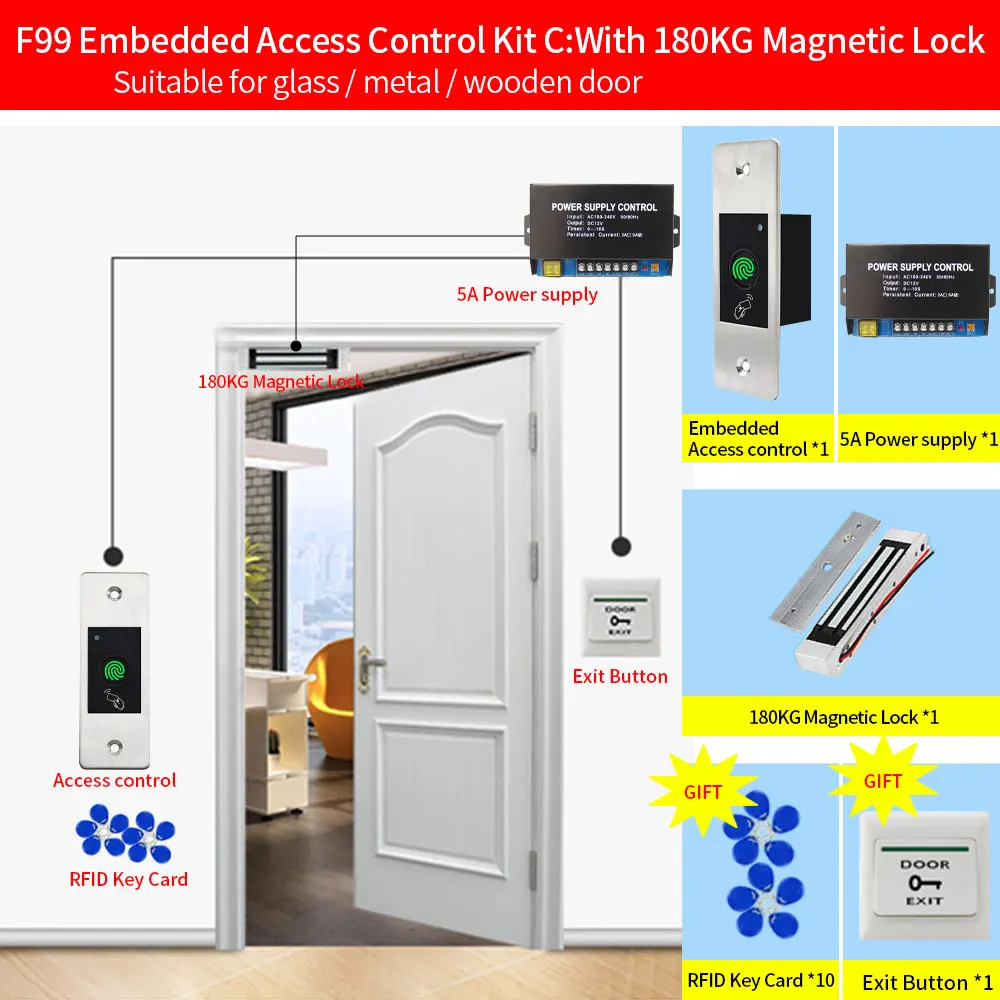 

Наборы металлических встроенных контроллеров доступа наборы F99 125 кГц RFID брелок считыватель отпечатков пальцев Дверной замок Электрический Открыватель двери водонепроницаемый