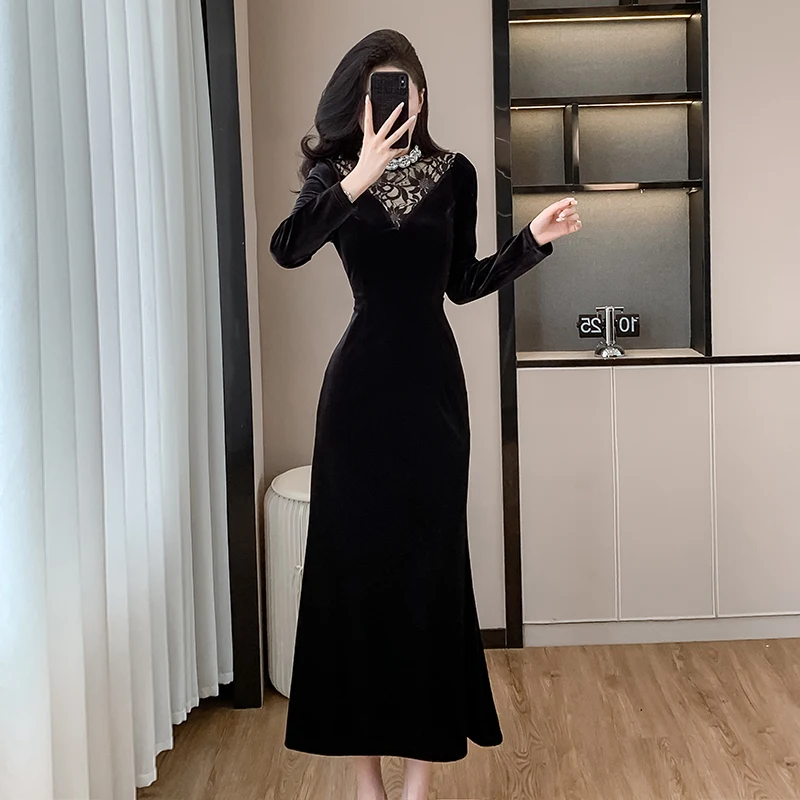 2024 новое элегантное зимнее велюровое платье-русалка миди для женщин