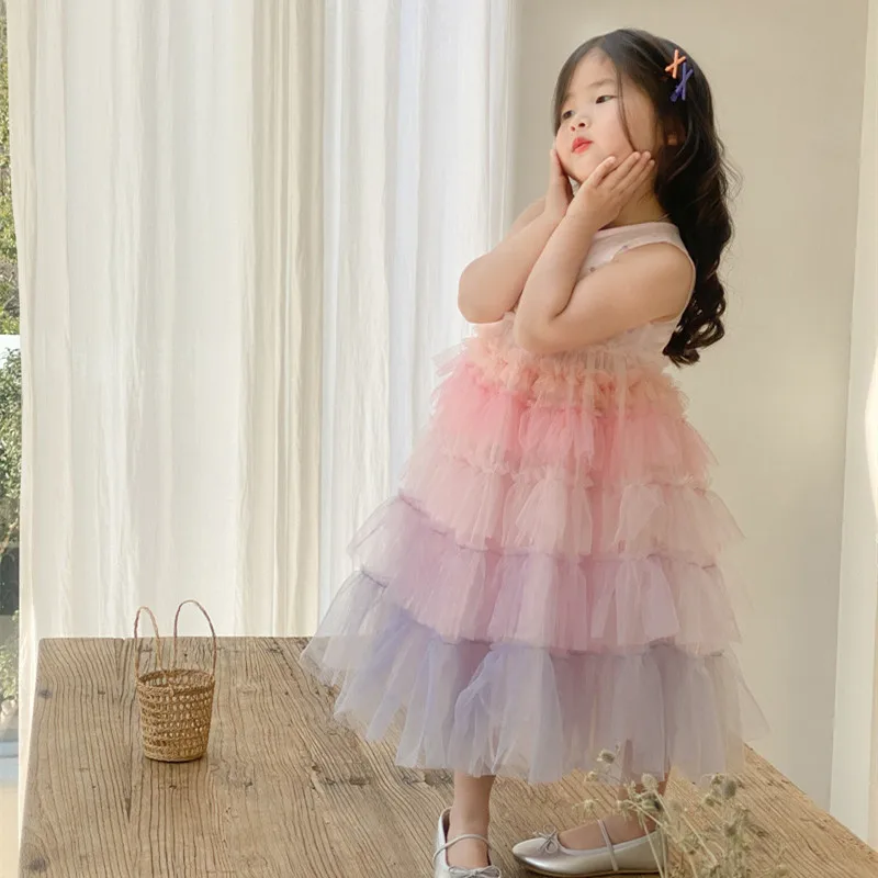 

2023 Layered Dress for Baby Girls Kids Sleeveless Rainbow Tulle Tutu Dresses Children Sweety Princess Ball Gown Infant Partywear