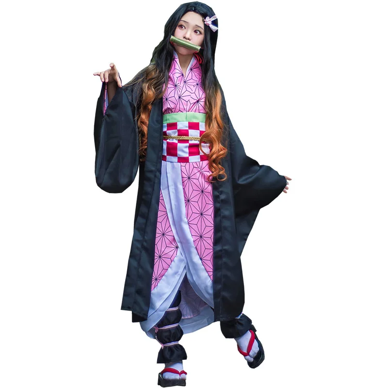 

Hot Anime Demon Slayer Kimetsu no Yaiba Kamado Nezuko Cosplay Shoes Wig Tooth Mouth Stick Adult Woman Cosplay Costume Wig Suit