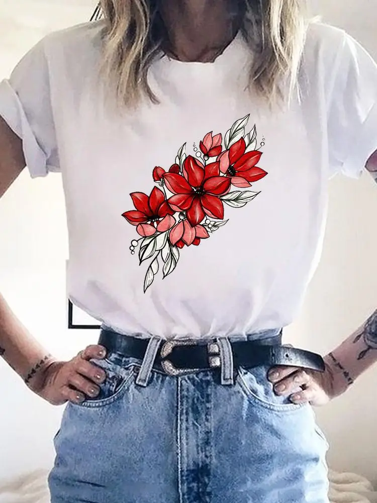 

Summer Women Clothes Clothing Short Sleeve Graphic T-shirt Fashion Flower Watercolor Cute 90s Kawaii Basic Tee Top Print T Shirt