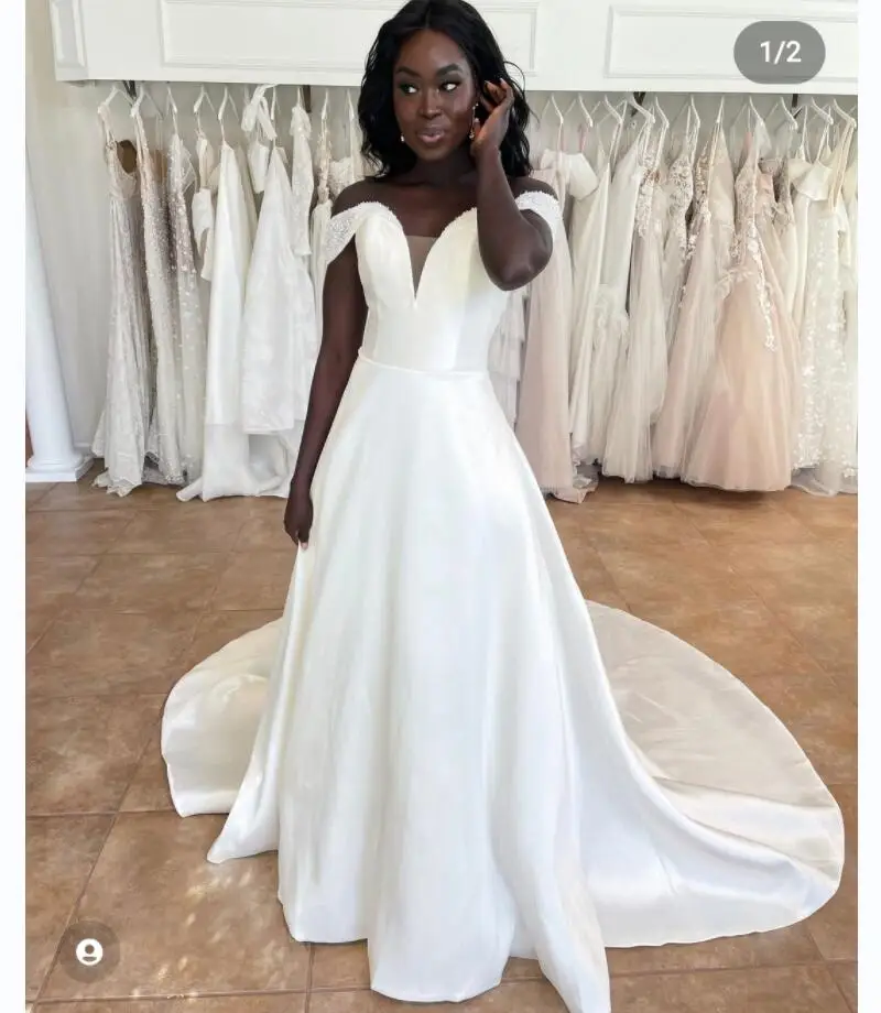 

Elegant Satin Wedding Dress African Off The Shoulder A-Line Sweep Train Lace Up Coset Back Simple Bridal Gowns Robe De Mariee