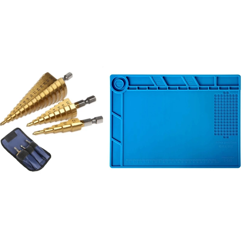 

AT14 3Pc Step Cone Taper Drill Bit Set Hole Cutter Metric 4-12/20/32Mm With S-140 Magnetic Repair Mat, Work Mat 932°F