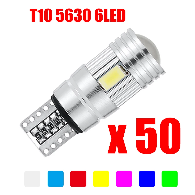 50x W5W T10 светодиодный Canbus без ошибок 12В 6000 К 5630 6 SMD автомобильный 5Вт 5 светодиодный светильник Клиренс клиновидный с боковым поворотом одиночный светильник супер яркий белый