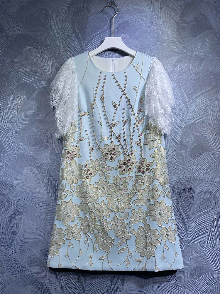 

Seifrmann High Quality Summer Women Fashion Designer Mini Dress Short Sleeve Lace Trim Gorgeous Crystal Beading Party Dresses