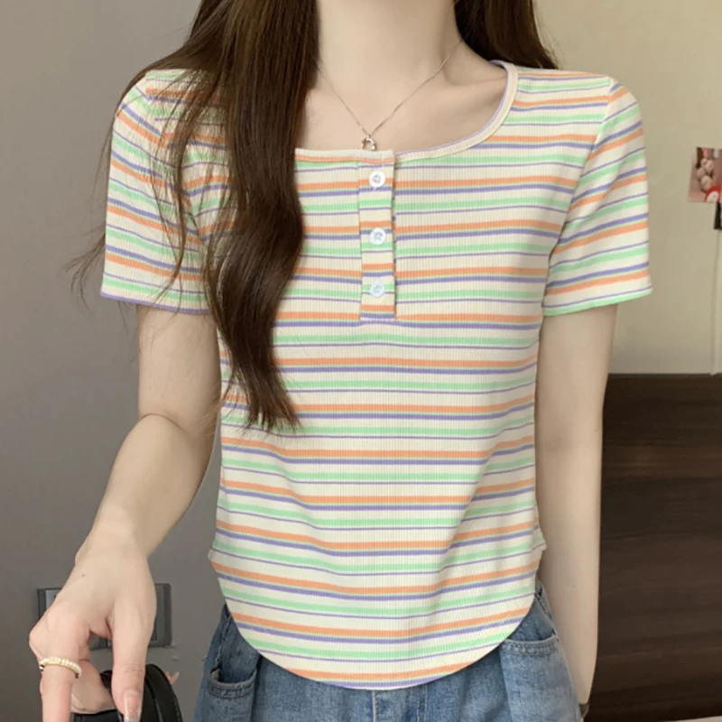 

Rainbow Striped T Shirt For Women Short Sleeve Casual Button Slim Crop Tops Summer O-Neck Tee Shirt Femme Korean Style Clothes
