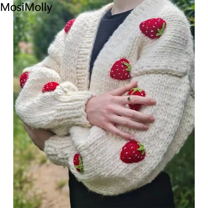 MosiMolly Handmade Cardigan Sweater Women Strawberry Knitting Jumper Sweater Cardigan Women Pretty Fruit Sweater 2022 Winter