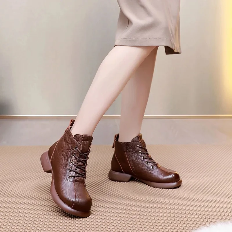 New Autumn Winter Women Genuine Leather Boots Retro Ladies Ankle Boots Platform Lace Up Female Short Boots British Style Botas