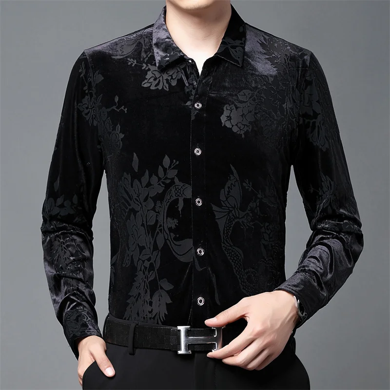

2022 Fall Long Sleeve Slim Fit Sexy Transparent Shirt Men Camisa Hombre Flower Print Velvet Shirt Club Party Chemise Homme
