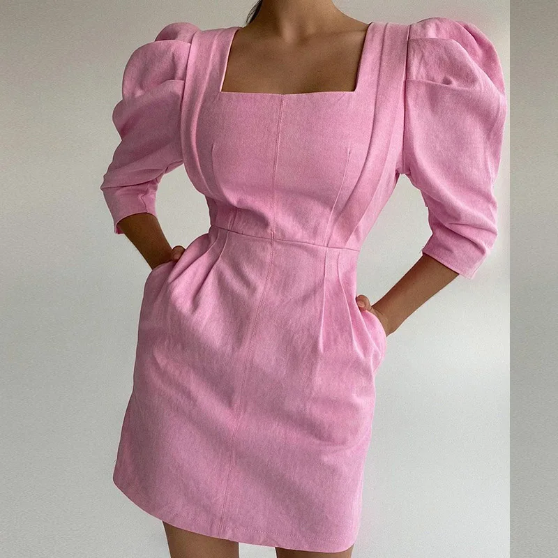 

Women Elegant Bubble Seventh Sleeve Party Dress Fashion Sexy Square Neck Office Lady Dress Chic Solid Mini Dress French Romance