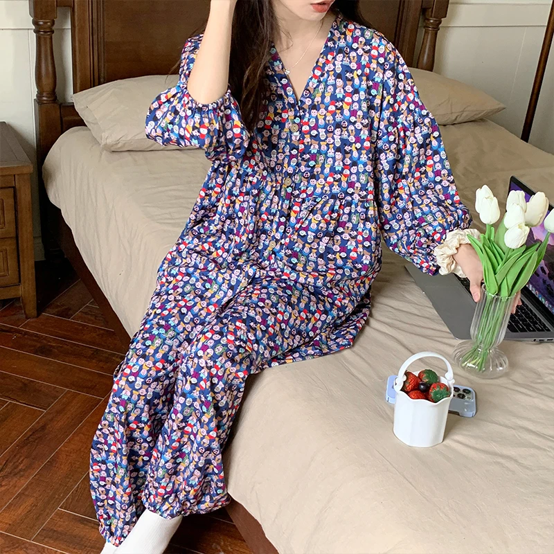CAIYIER 2022 Women Cotton Gauze Pajamas Set Korean V-Neck Long Sleepwear Autumn Winter Soft Nightwear Sweet Kawaii Loungewear