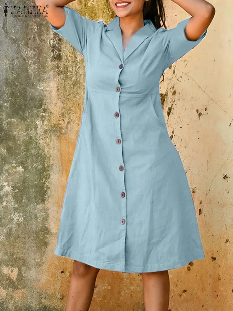 

Женское однотонное офисное платье ZANZEA с карманами, платье с отложным воротником и отложным воротником, летнее платье до колена с коротким рукавом, 2023