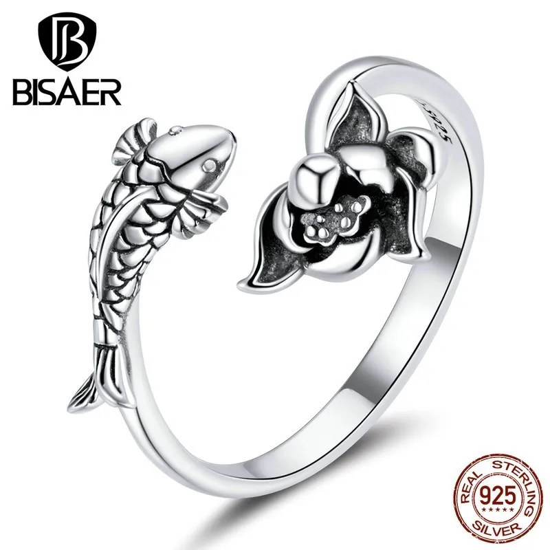 BISAER 925 Sterling Silver Koi & Lotus Open Finger Rings For Women Adjustable Ring China Lucky Statement Jewelry S925 EFR201